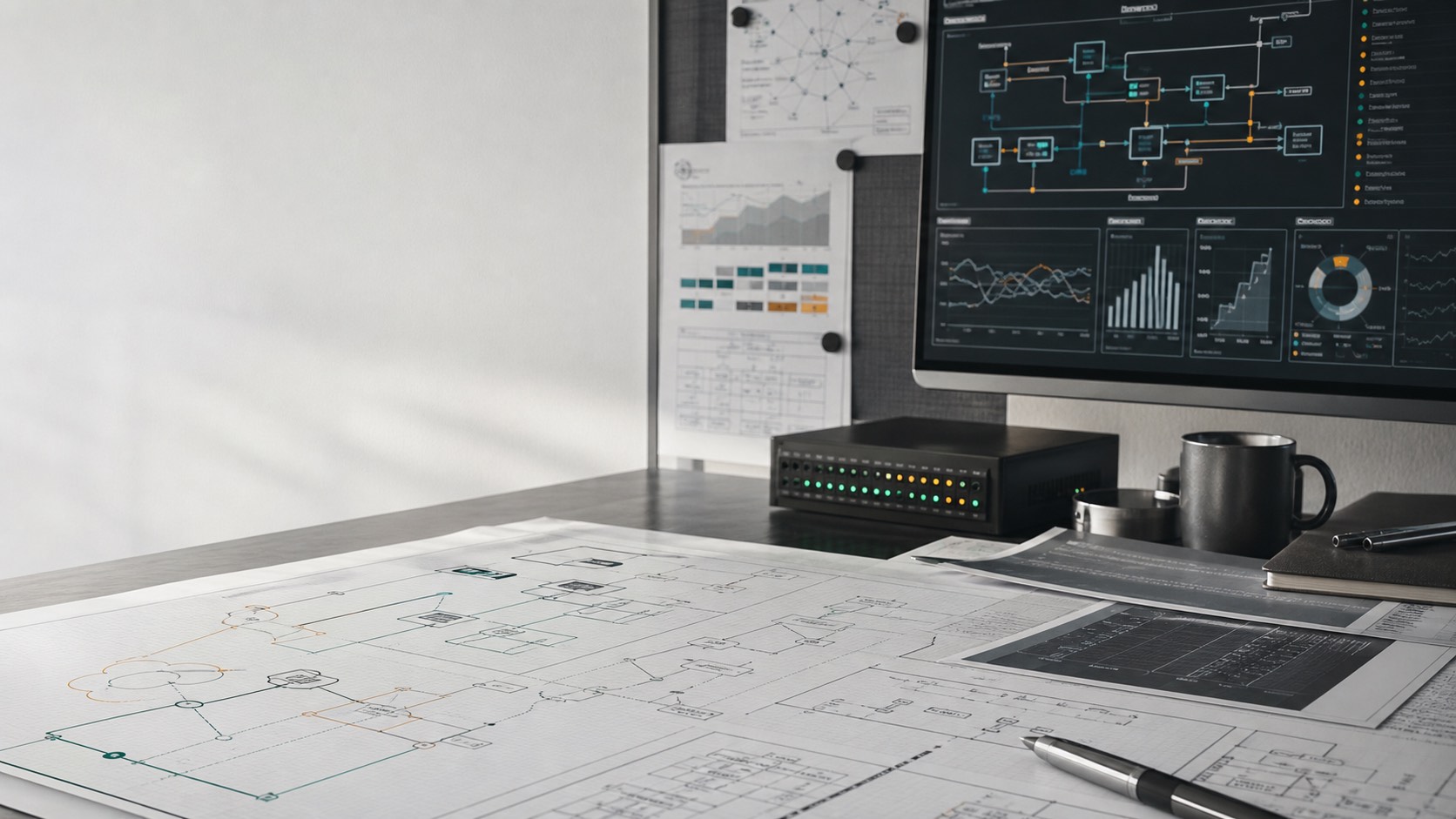 Architecture diagrams, operational dashboards, and engineering plans on a work surface.